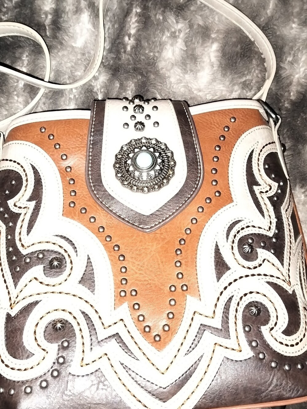 Embellished Western-Style Crossbody Bag - Brown & White  11x9x4 (WxHxD)
